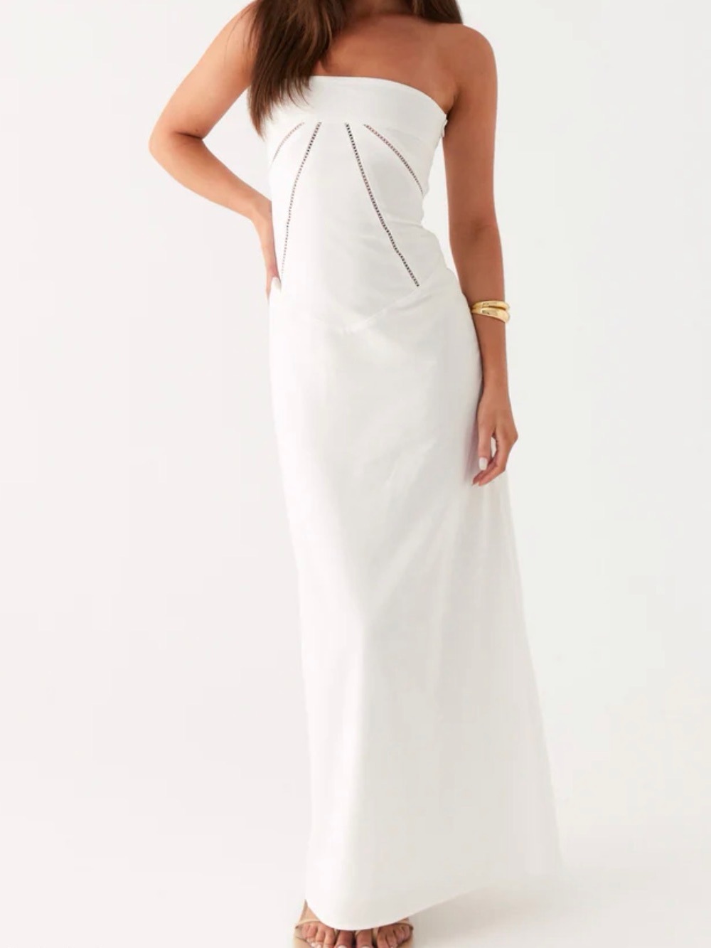 Peppermayo White Strapless Maxi Dress with Front Cutout Accents